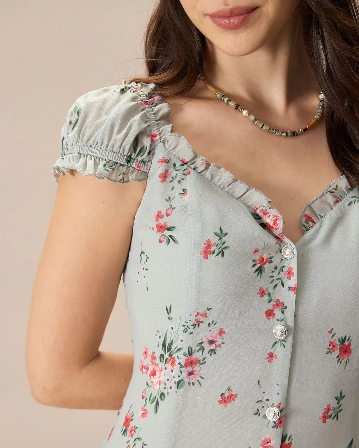 Women's Green V-Neck Floral Midi Dress sold by rihoas product image thumbnail 2