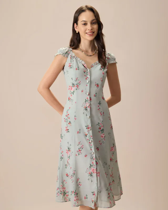 Women's Green V-Neck Floral Midi Dress sold by rihoas