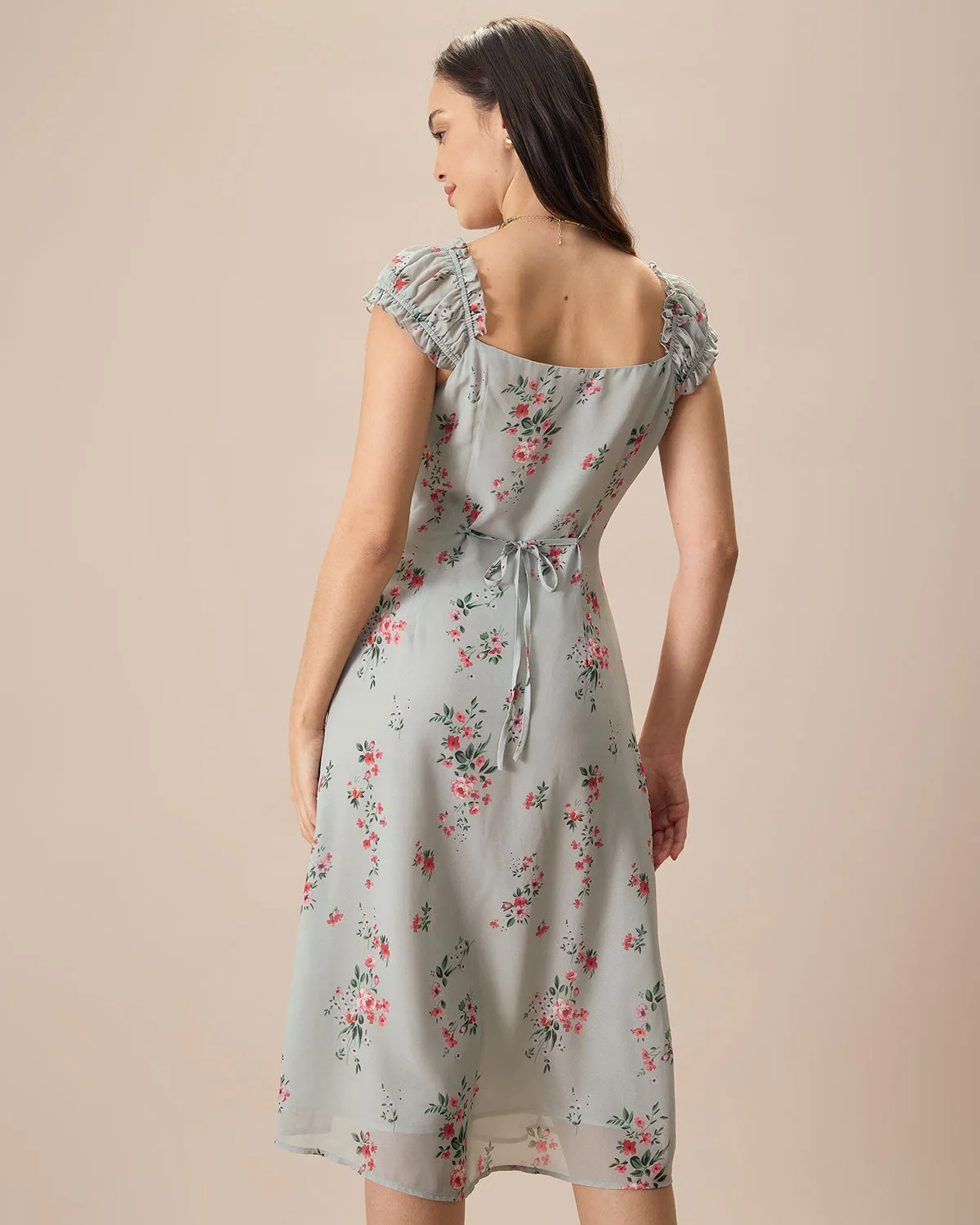 Women's Green V-Neck Floral Midi Dress sold by rihoas product image thumbnail 4