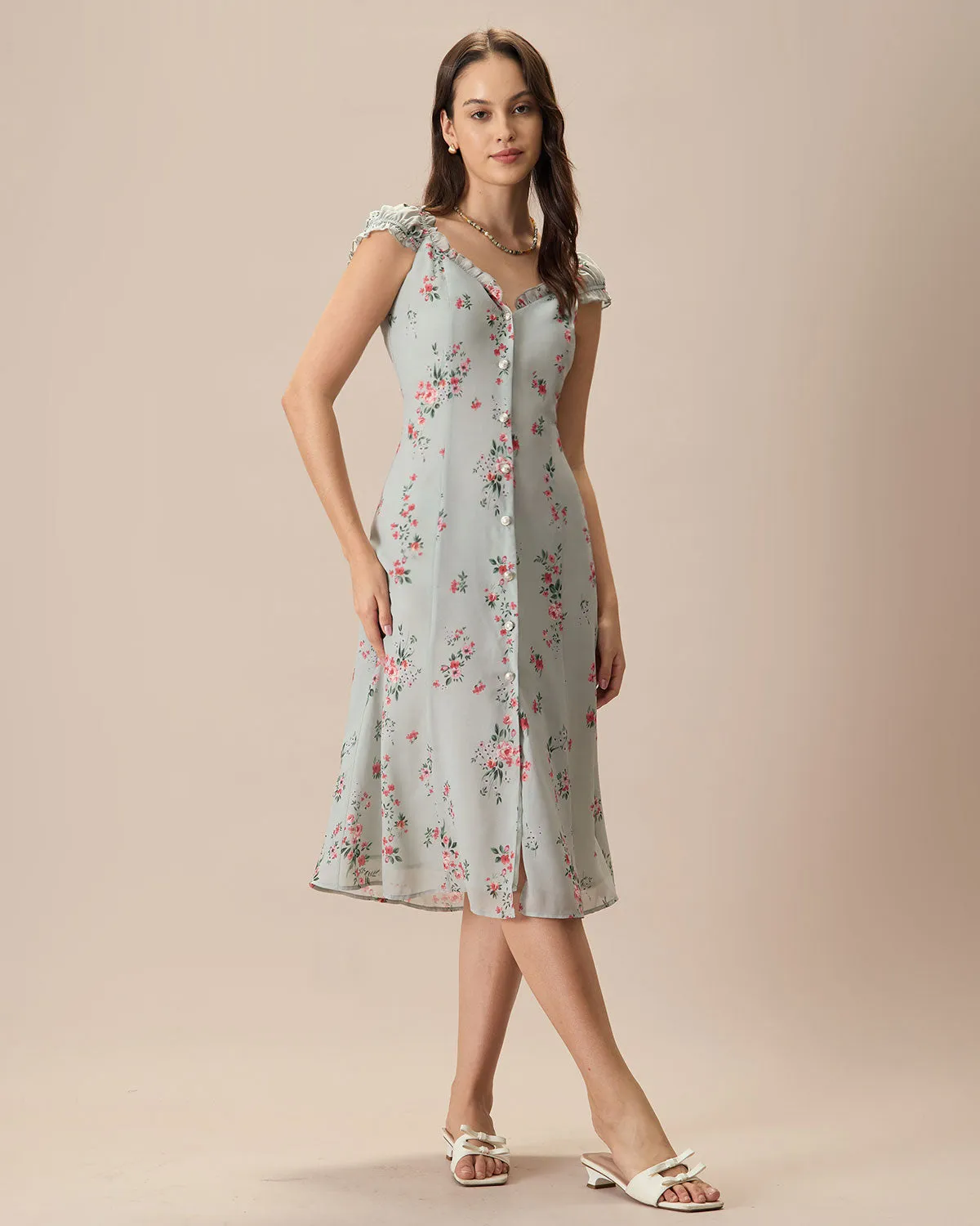 Women's Green V-Neck Floral Midi Dress sold by rihoas product image thumbnail 3