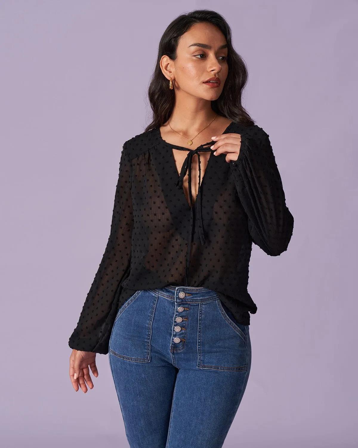 The Black V Neck Polka Dot Sheer Blouse sold by rihoas product image thumbnail 3