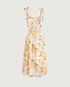 The Orange Tie Shoulder Floral Midi Dress sold by rihoas