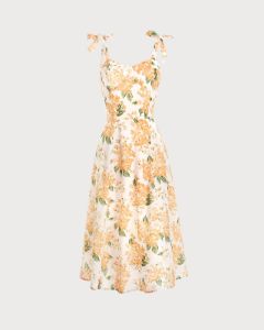 The Orange Tie Shoulder Floral Midi Dress sold by rihoas