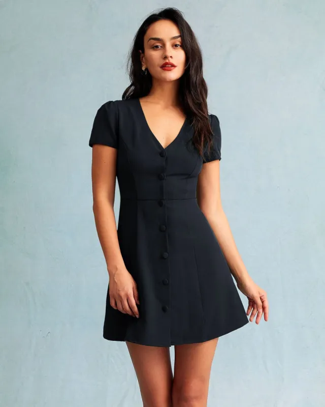 The Black V Neck Button-up Shirt Mini Dress sold by rihoas