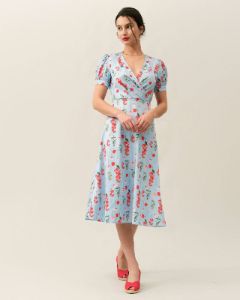 The V Neck Puff Sleeve Floral Midi Dress sold by rihoas