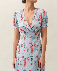 The V Neck Puff Sleeve Floral Midi Dress sold by rihoas