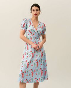 The V Neck Puff Sleeve Floral Midi Dress sold by rihoas