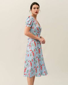 The V Neck Puff Sleeve Floral Midi Dress sold by rihoas