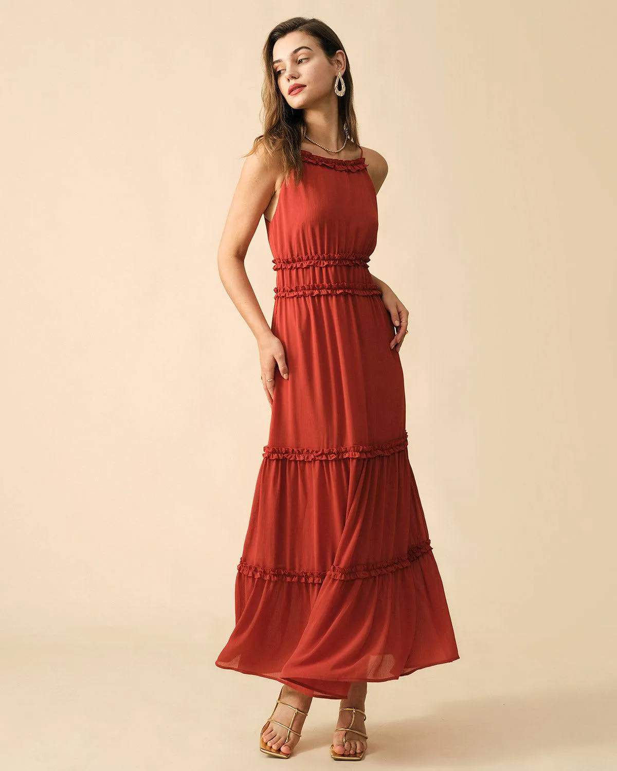 The Frill Trim Tiered Sling Maxi Dress sold by rihoas