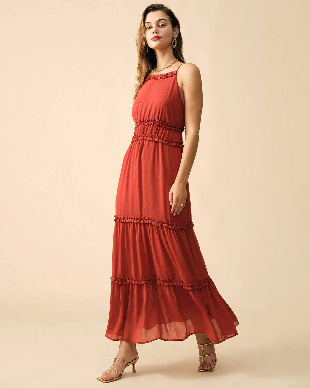 The Frill Trim Tiered Sling Maxi Dress sold by rihoas product image thumbnail 3
