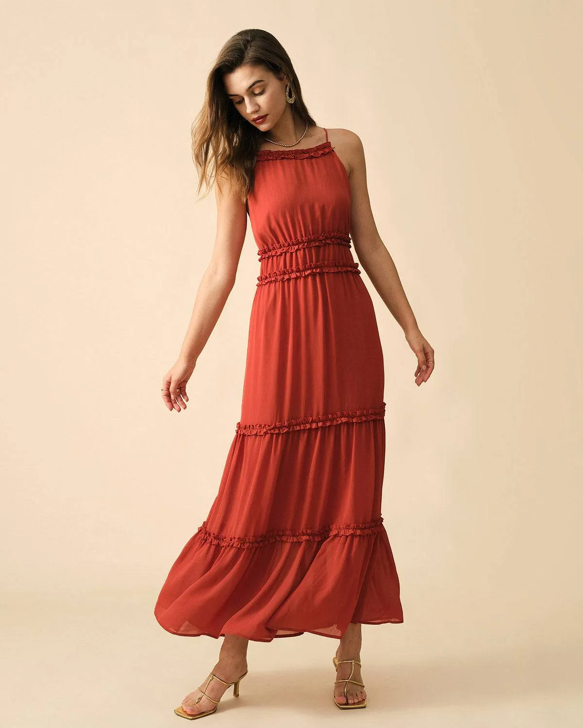 The Frill Trim Tiered Sling Maxi Dress sold by rihoas product image thumbnail 4