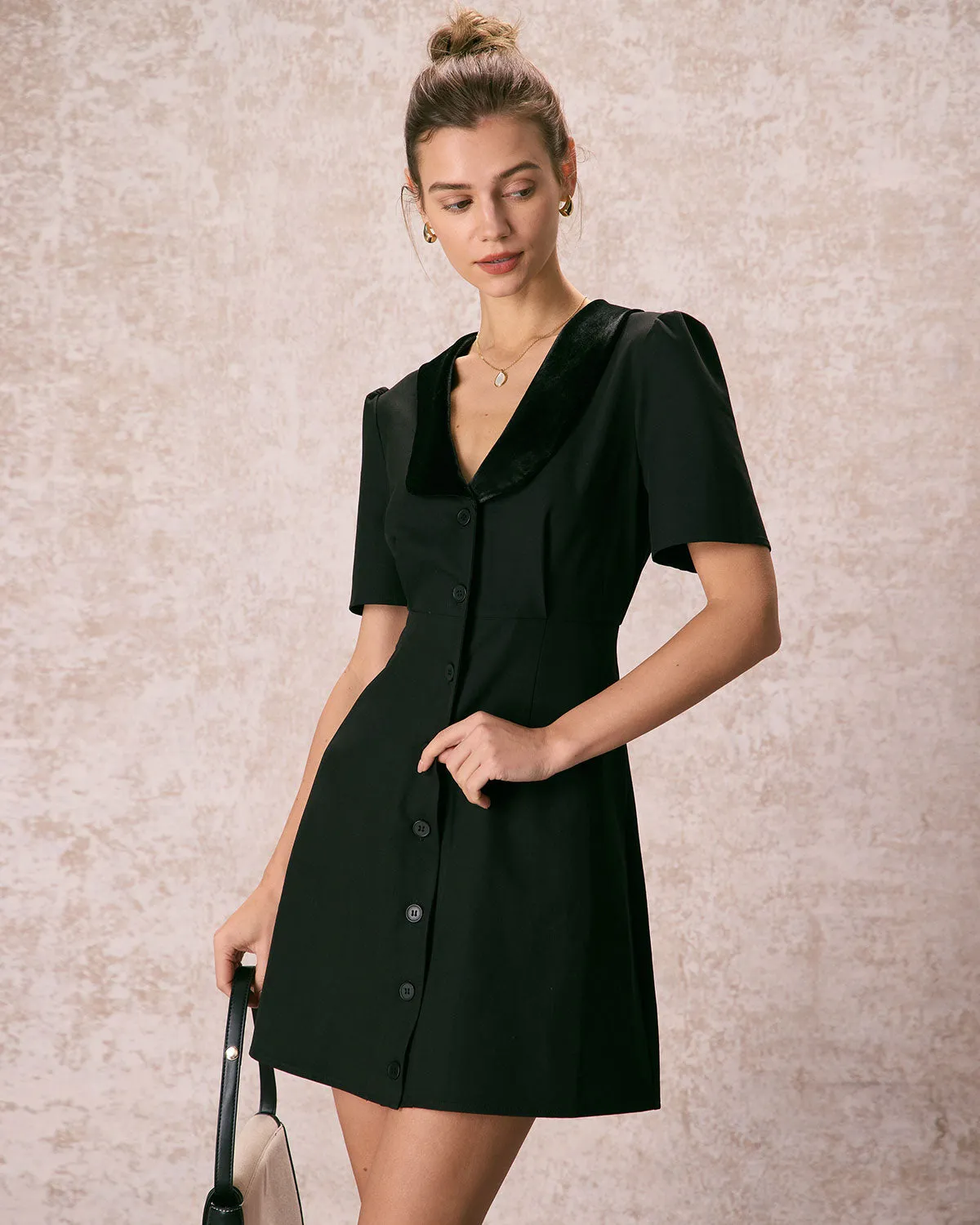 The Black Shawl Collar Velvet Mini Dress sold by rihoas product image thumbnail 4