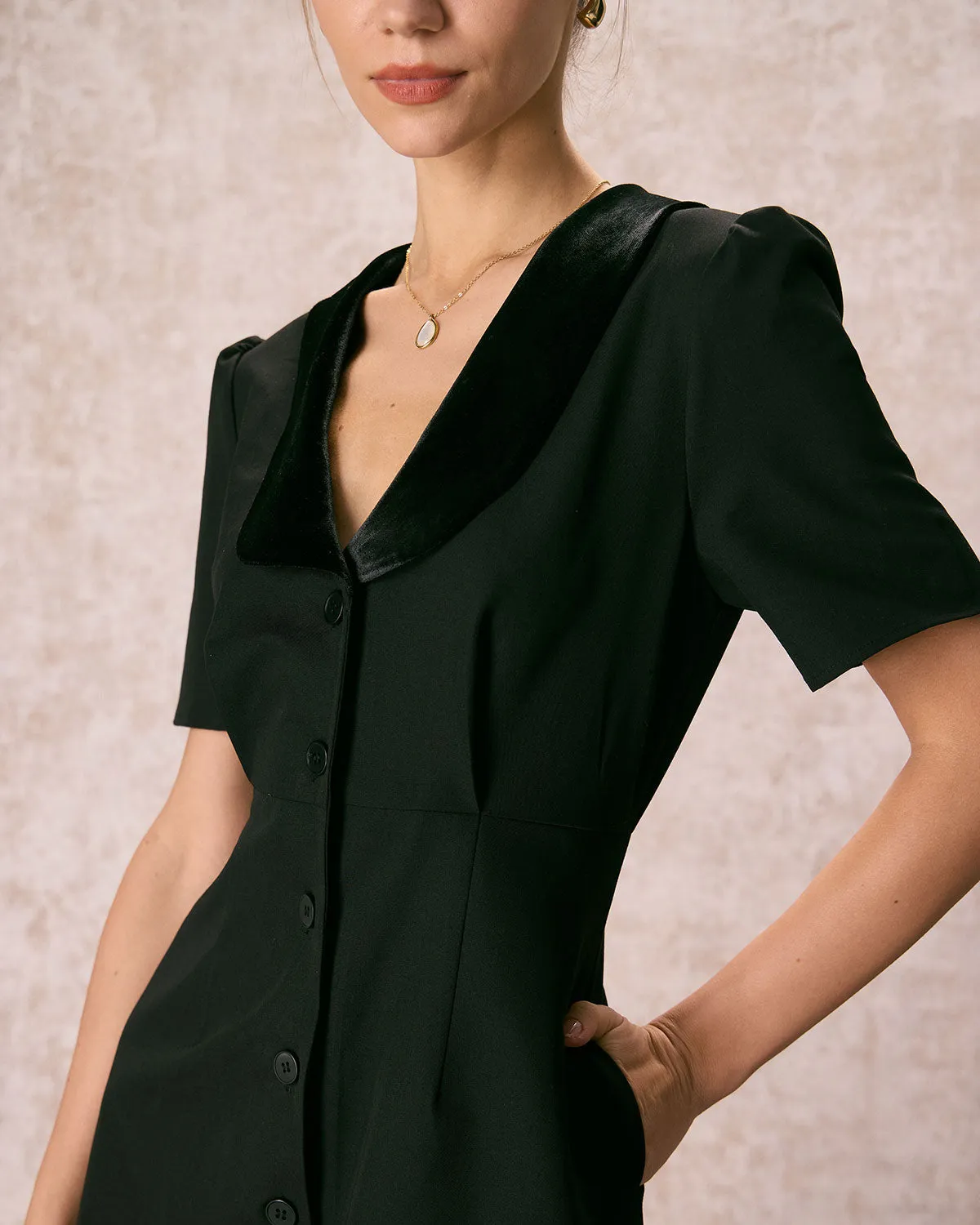 The Black Shawl Collar Velvet Mini Dress sold by rihoas product image thumbnail 2