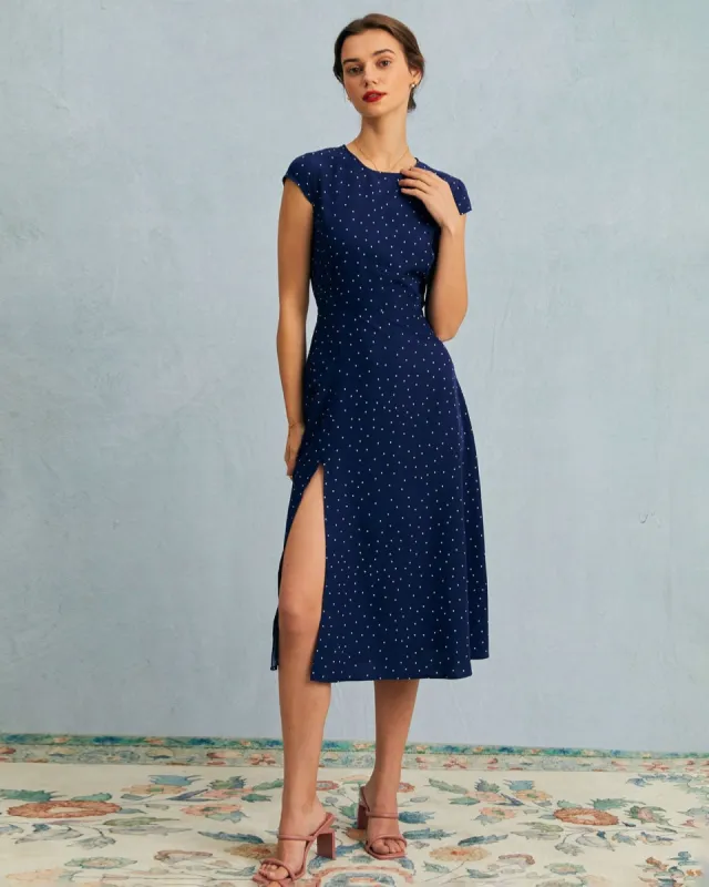 The Navy Round Neck Polka Dot Cutout Midi Dress sold by rihoas