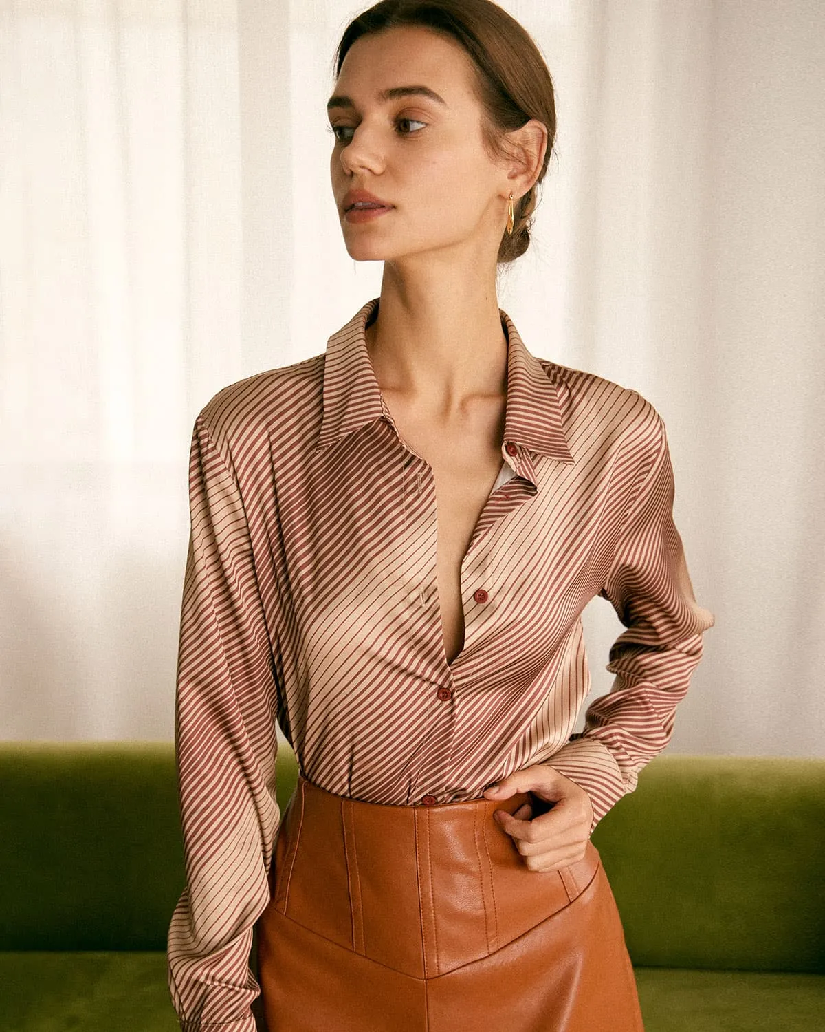 The Khaki Striped Vintage Satin Shirt sold by rihoas product image thumbnail 2