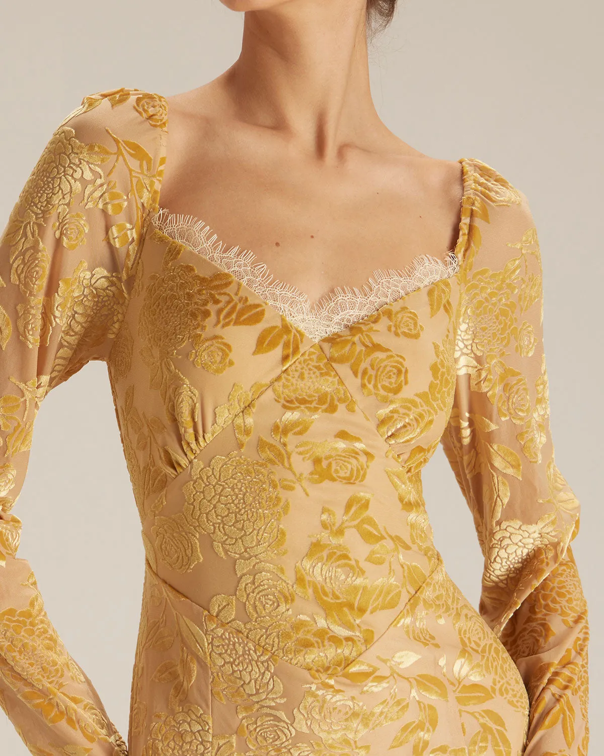 The Yellow Lace Trim Floral Burnout Midi Dress sold by rihoas product image thumbnail 2
