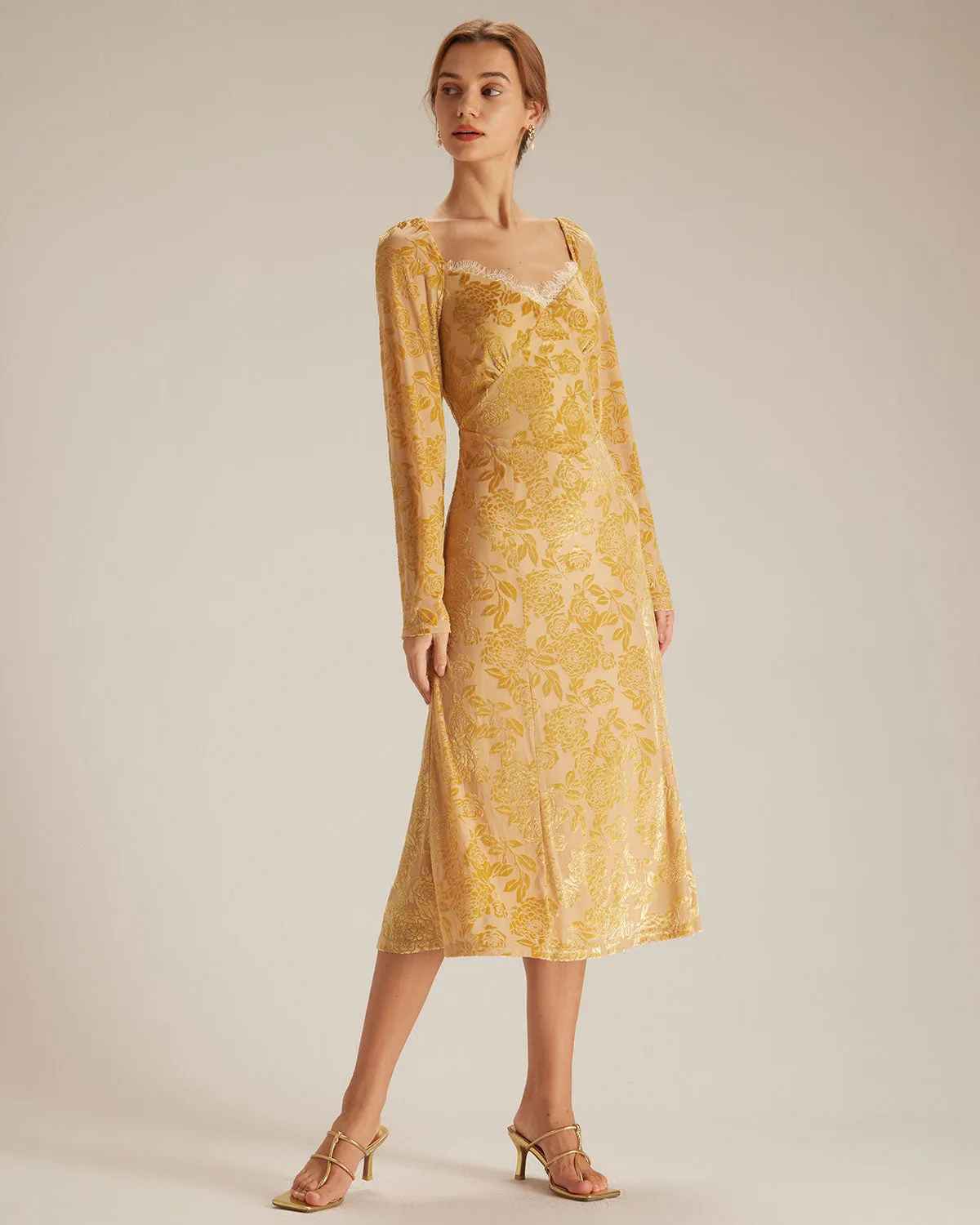 The Yellow Lace Trim Floral Burnout Midi Dress sold by rihoas product image thumbnail 4