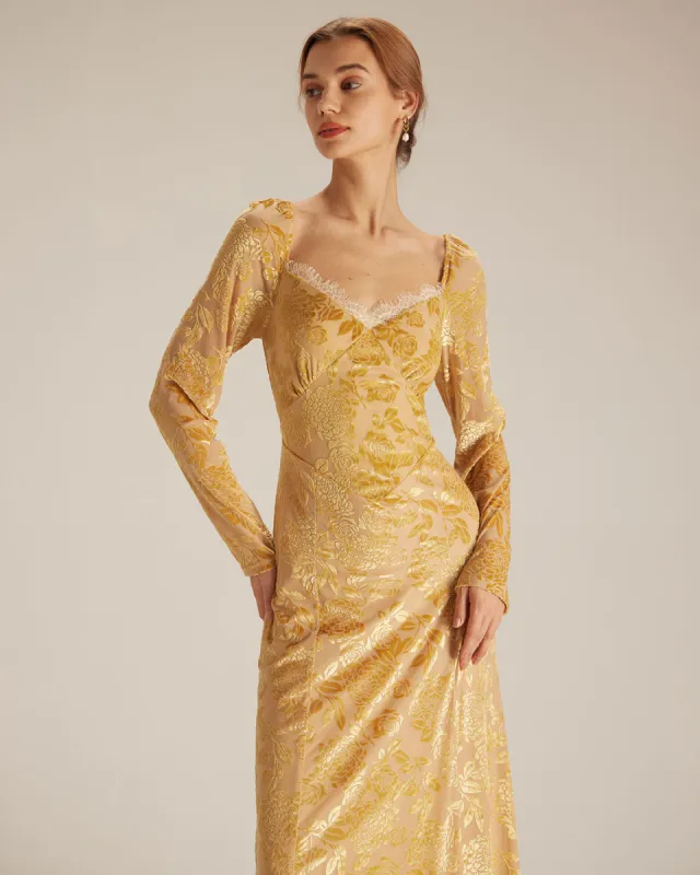 The Yellow Lace Trim Floral Burnout Midi Dress sold by rihoas