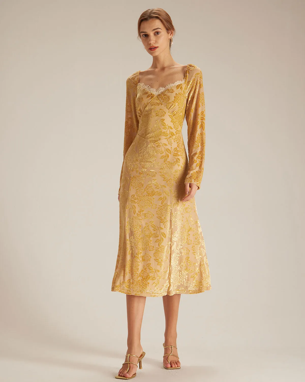 The Yellow Lace Trim Floral Burnout Midi Dress sold by rihoas product image thumbnail 3