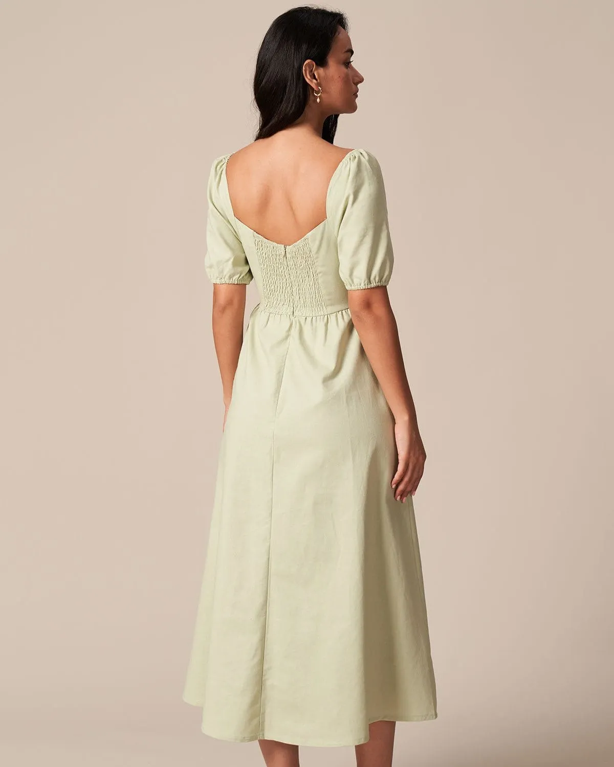 The Light Green Square Neck Shirred Midi Dress sold by rihoas product image thumbnail 5