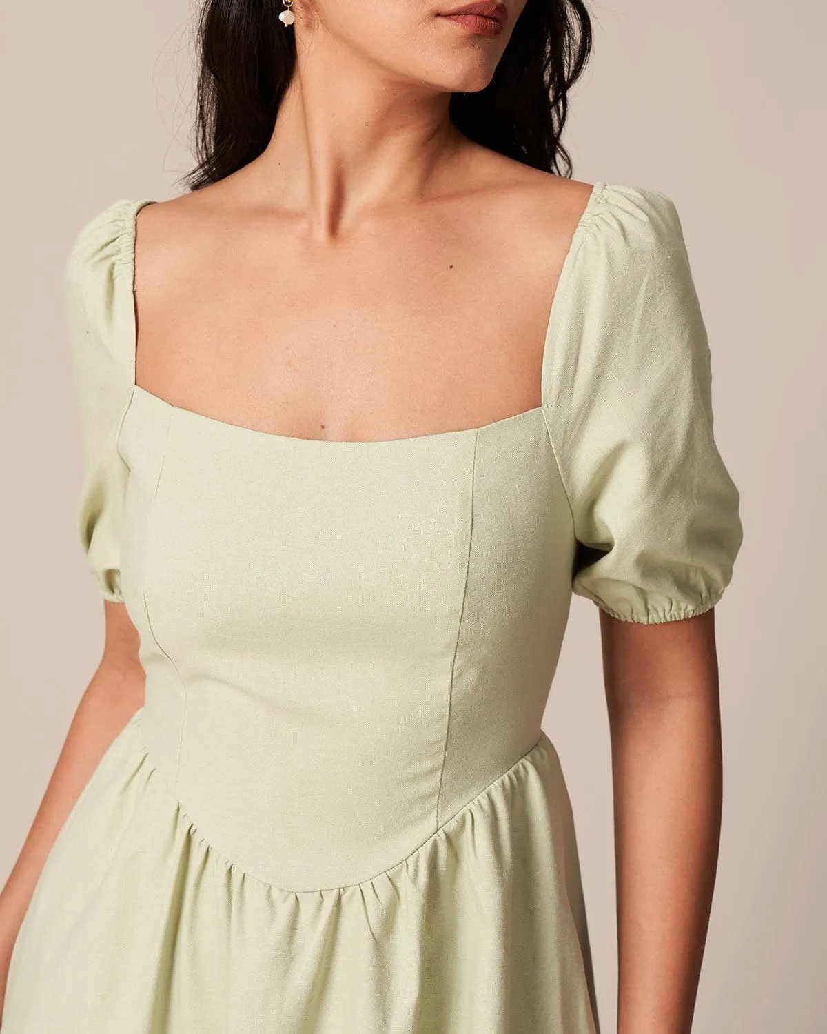The Light Green Square Neck Shirred Midi Dress sold by rihoas product image thumbnail 3