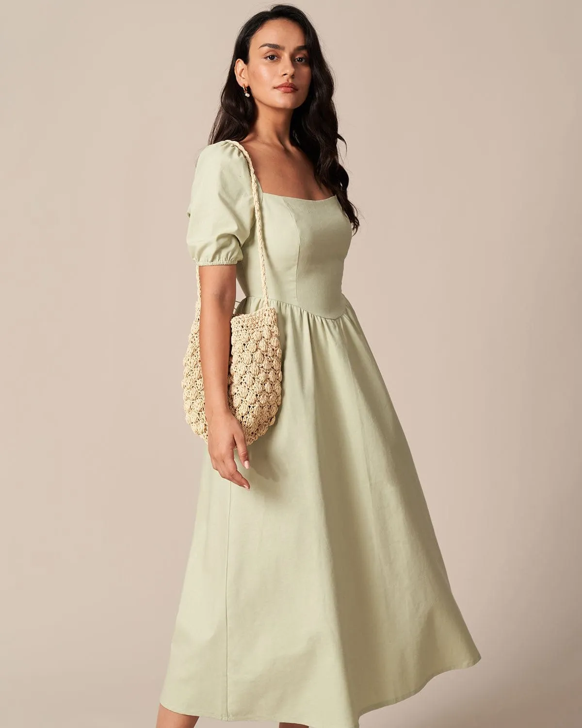 The Light Green Square Neck Shirred Midi Dress sold by rihoas product image thumbnail 2