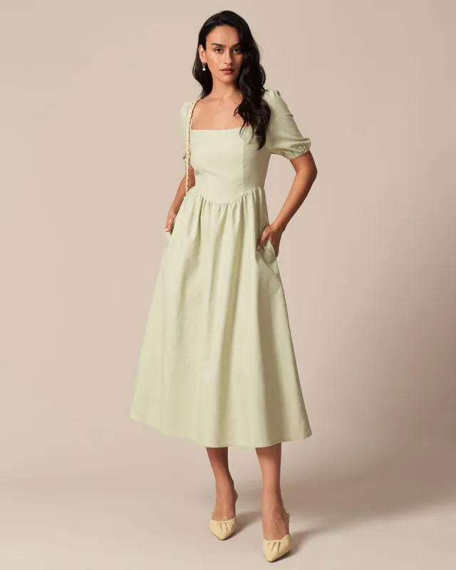 The Light Green Square Neck Shirred Midi Dress sold by rihoas