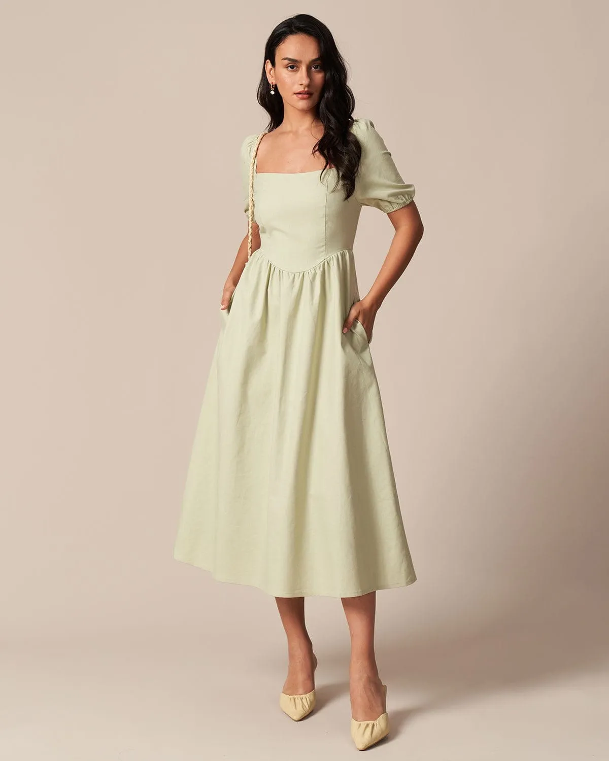 The Light Green Square Neck Shirred Midi Dress sold by rihoas