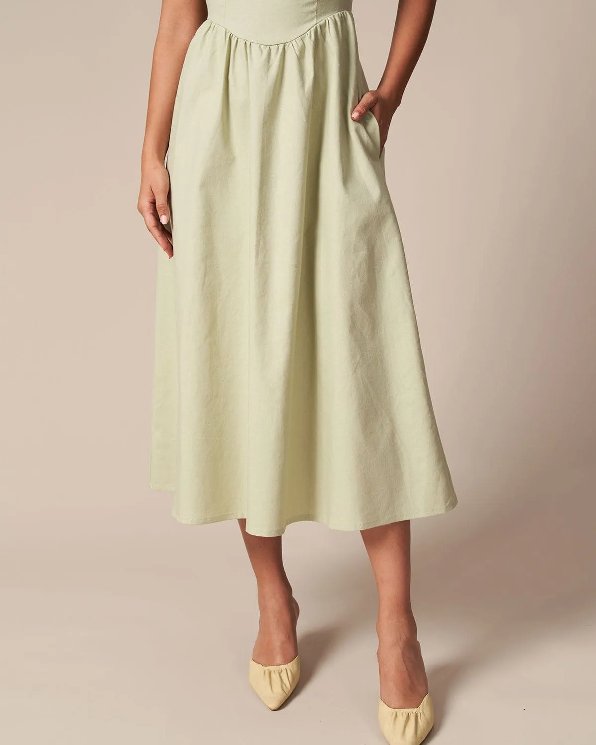 The Light Green Square Neck Shirred Midi Dress sold by rihoas product image thumbnail 4