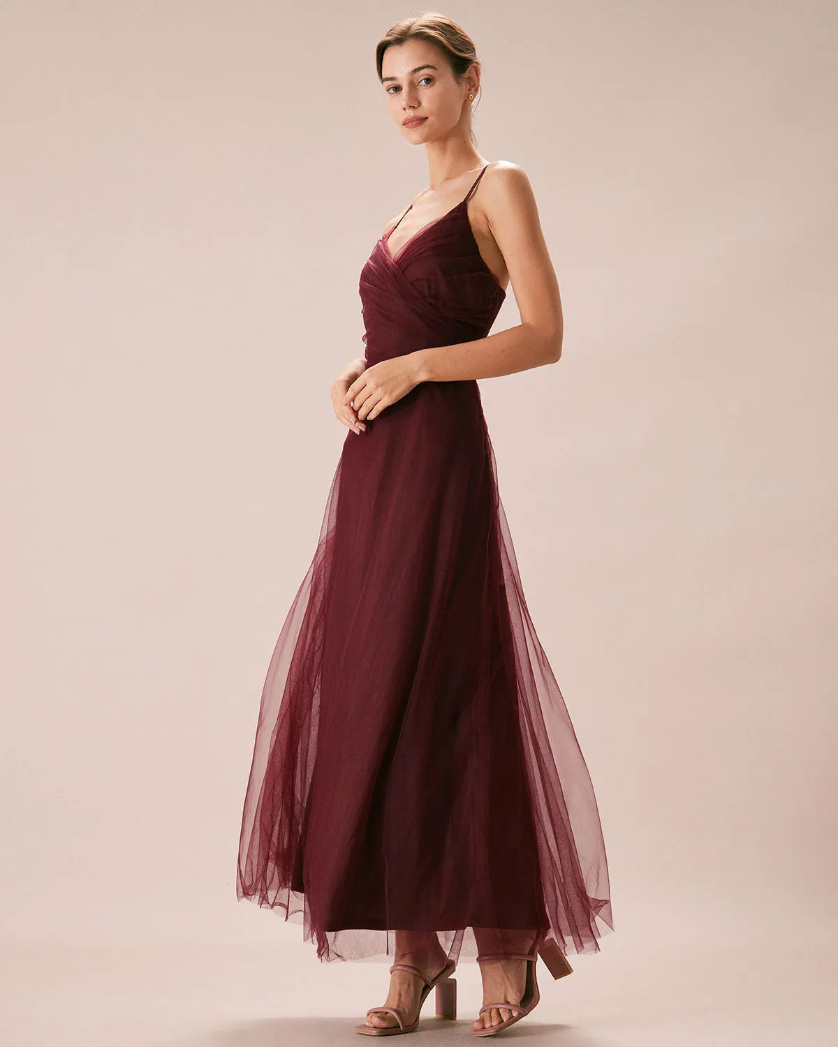 The Wine Red V Neck Mesh Wrap Maxi Dress sold by rihoas product image thumbnail 5