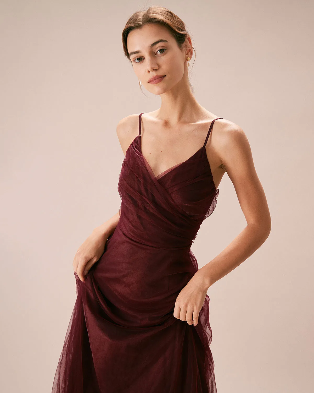The Wine Red V Neck Mesh Wrap Maxi Dress sold by rihoas product image thumbnail 3