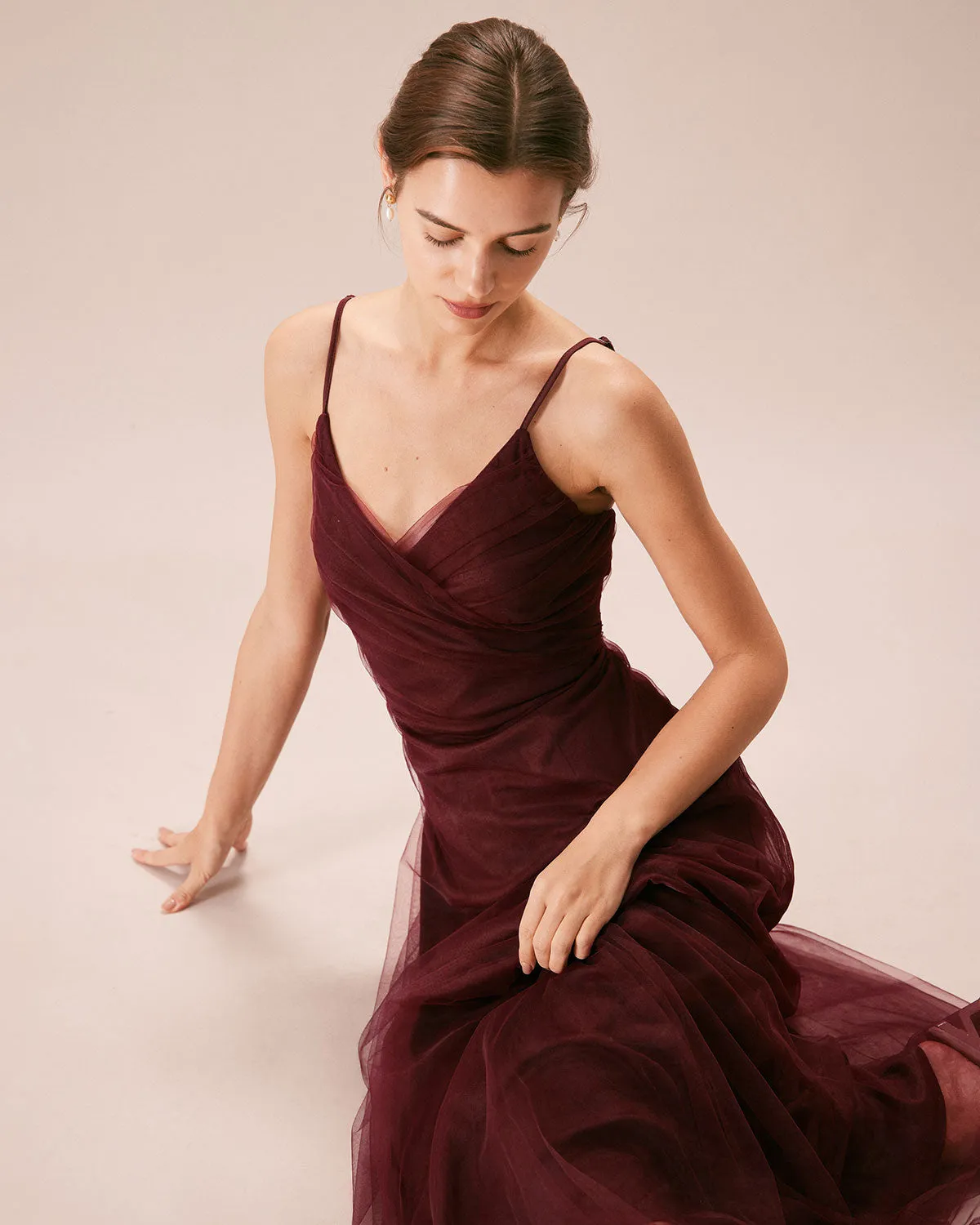 The Wine Red V Neck Mesh Wrap Maxi Dress sold by rihoas product image thumbnail 2