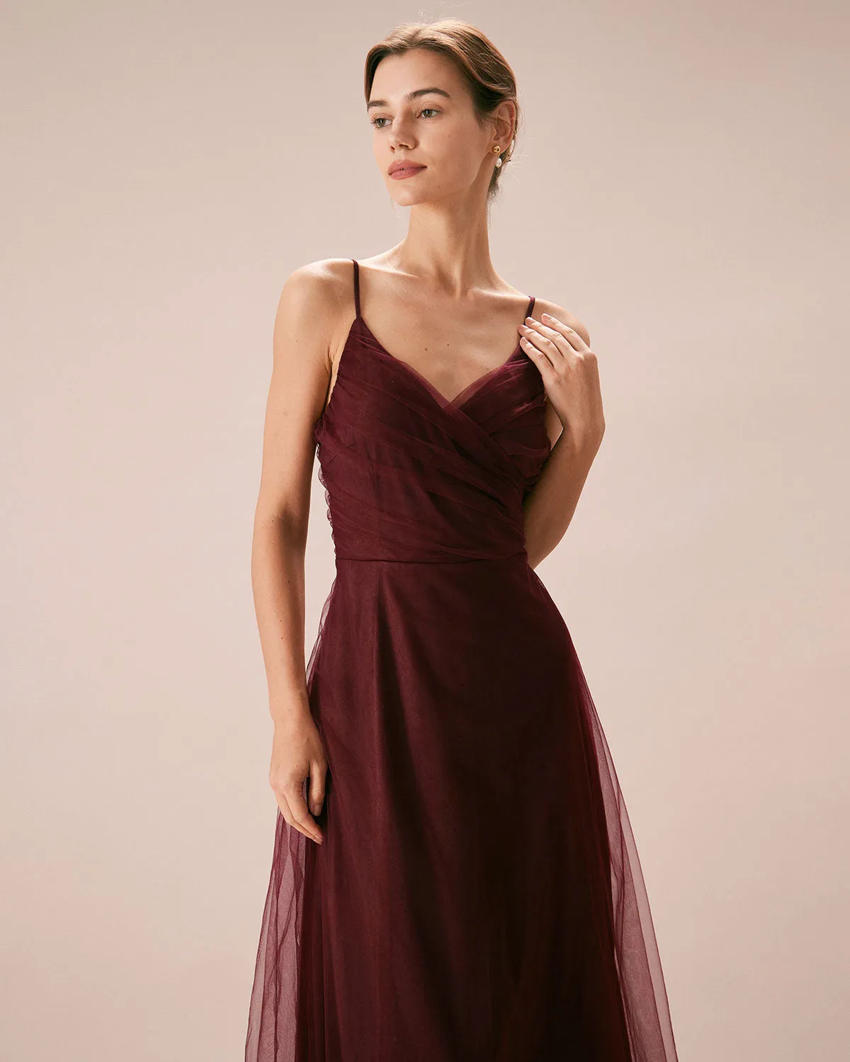 The Wine Red V Neck Mesh Wrap Maxi Dress sold by rihoas product image thumbnail 4