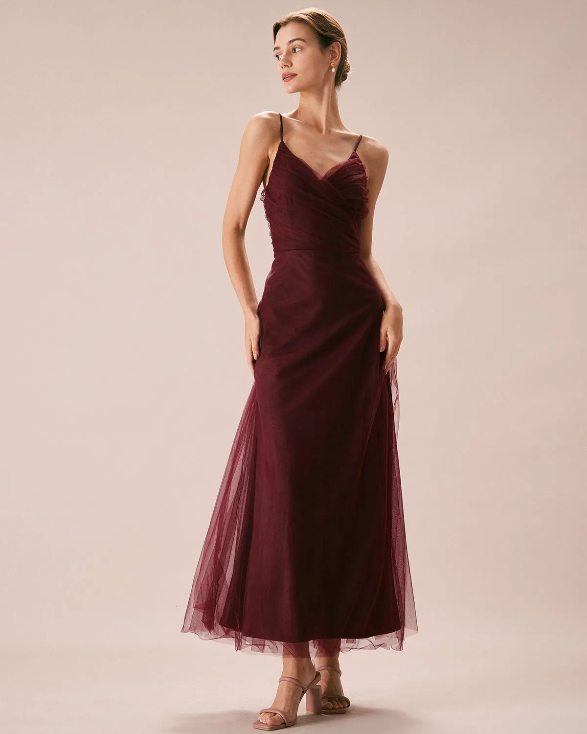The Wine Red V Neck Mesh Wrap Maxi Dress sold by rihoas