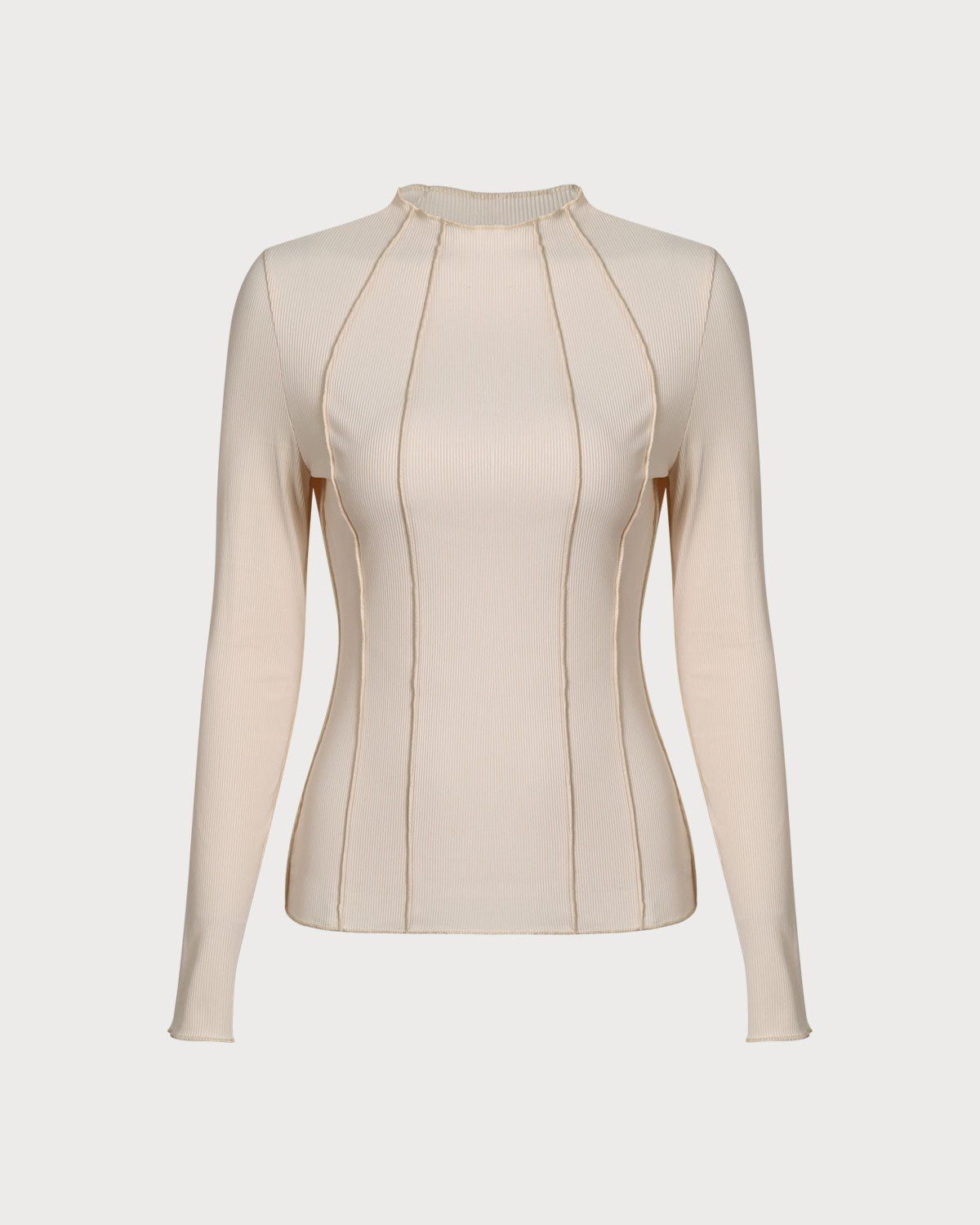 The Beige Mock Neck Ribbed Patchwork Tee sold by rihoas product image thumbnail 7