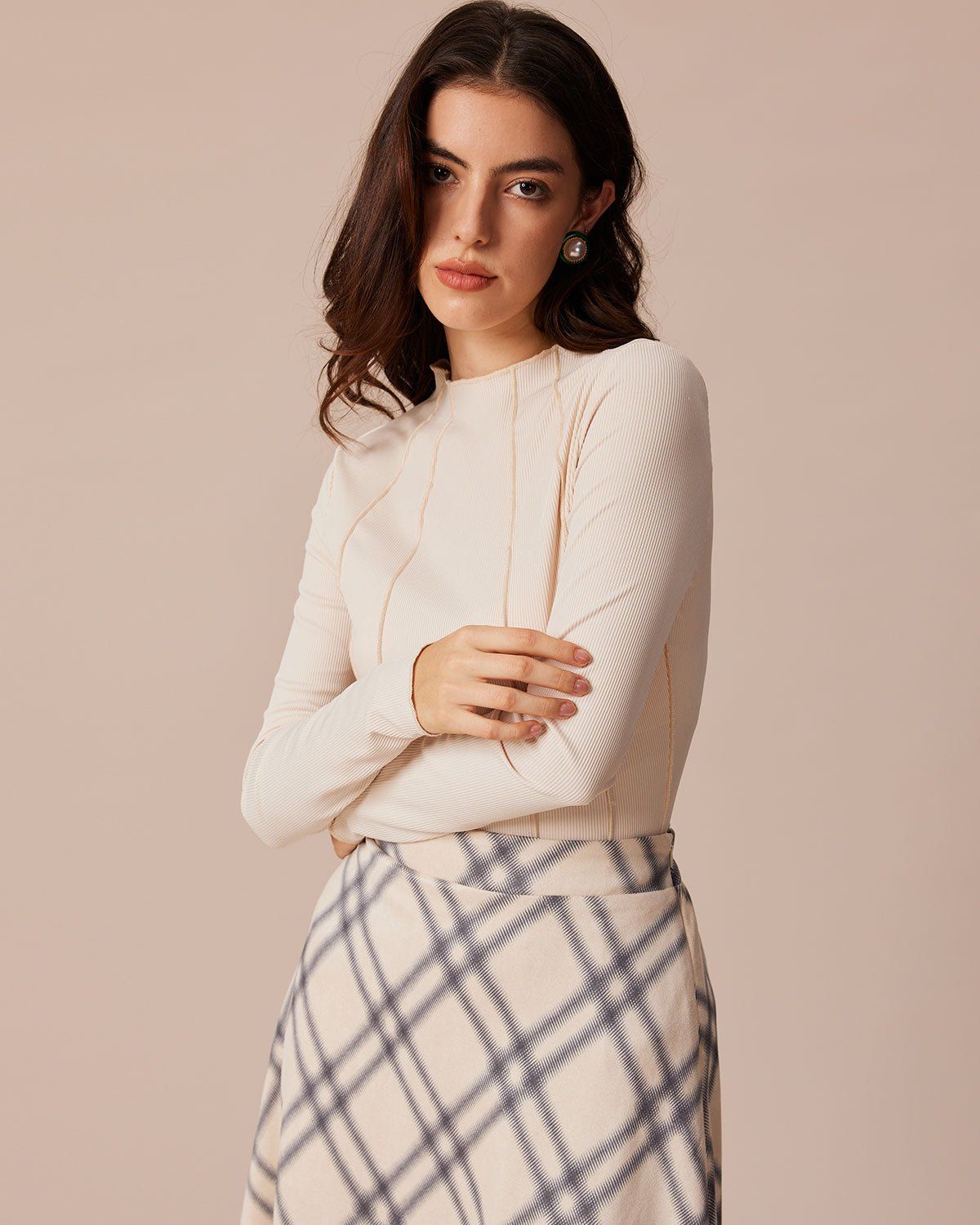 The Beige Mock Neck Ribbed Patchwork Tee sold by rihoas product image thumbnail 4