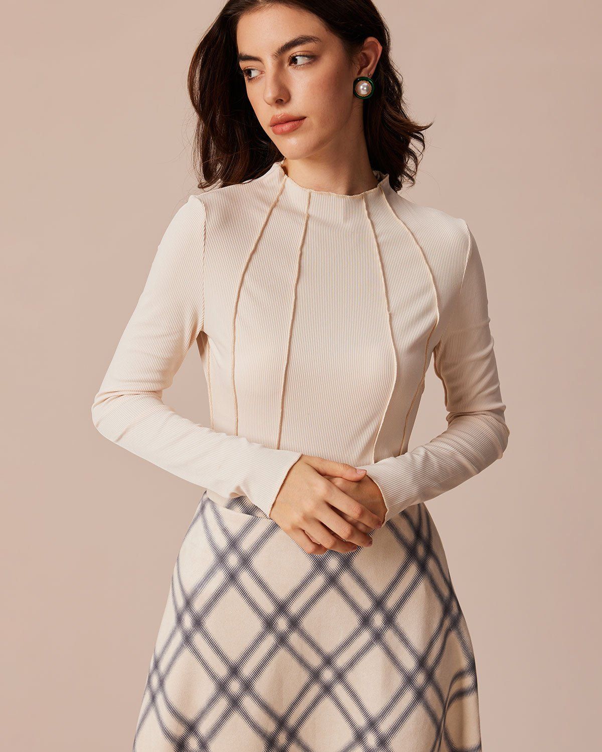 The Beige Mock Neck Ribbed Patchwork Tee sold by rihoas