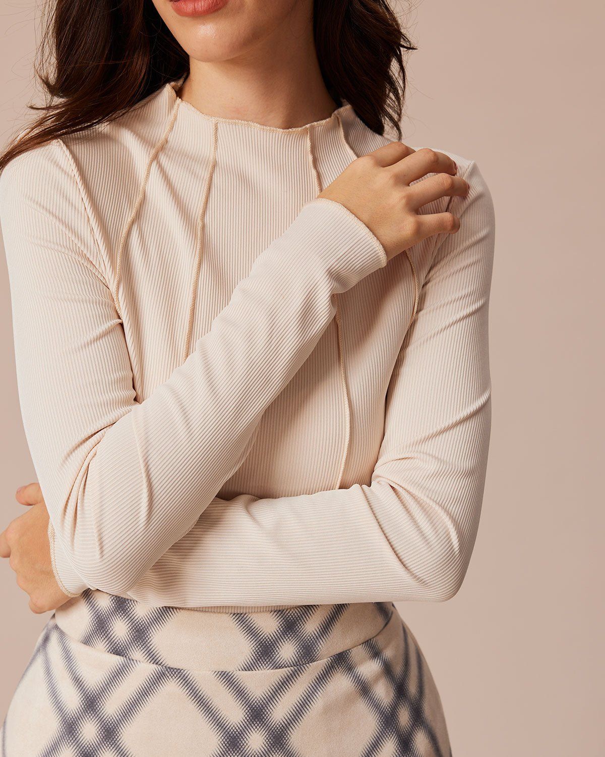 The Beige Mock Neck Ribbed Patchwork Tee sold by rihoas product image thumbnail 5