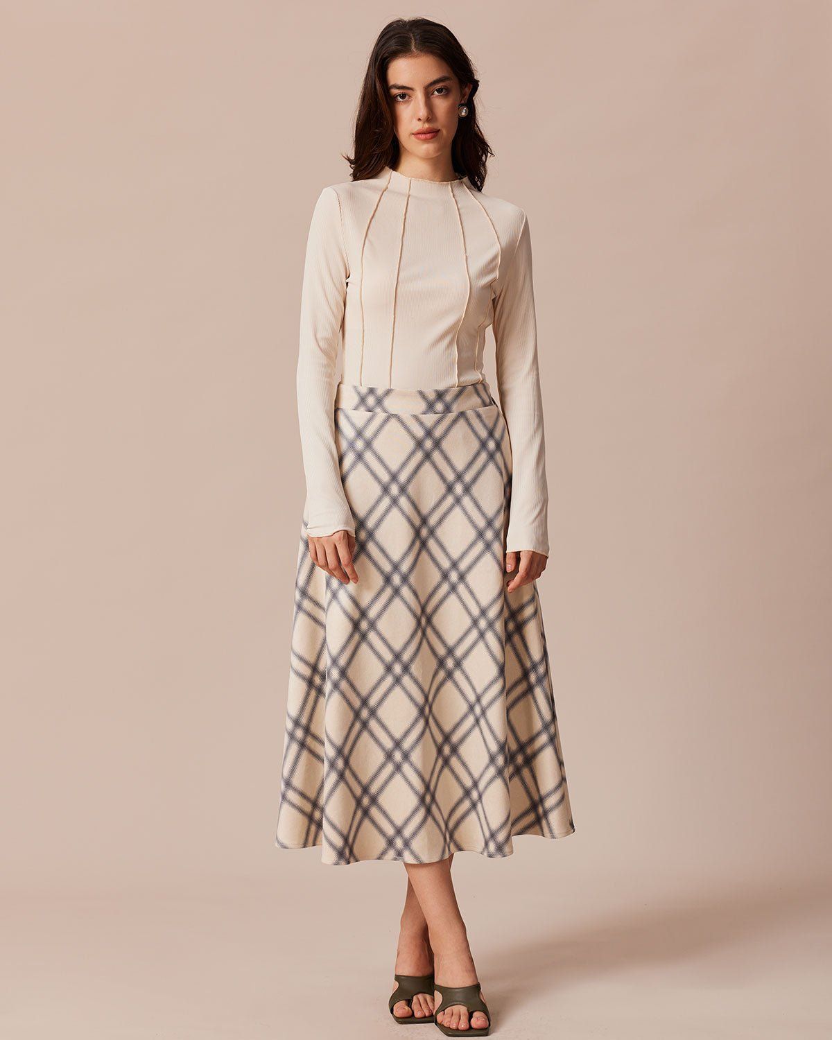 The Beige Mock Neck Ribbed Patchwork Tee sold by rihoas product image thumbnail 2