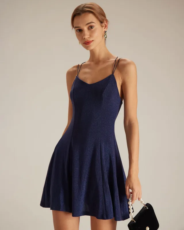 The Navy V Neck Lurex A-Line Slip Mini Dress sold by rihoas