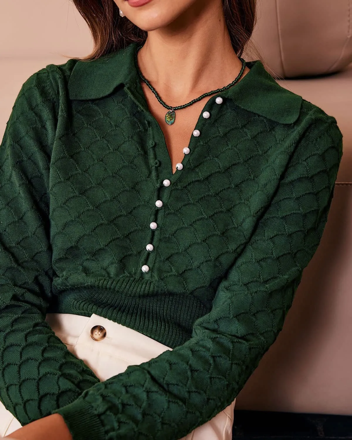 The Dark Green Lapel Ribbed Textured Knit Top sold by rihoas product image thumbnail 4