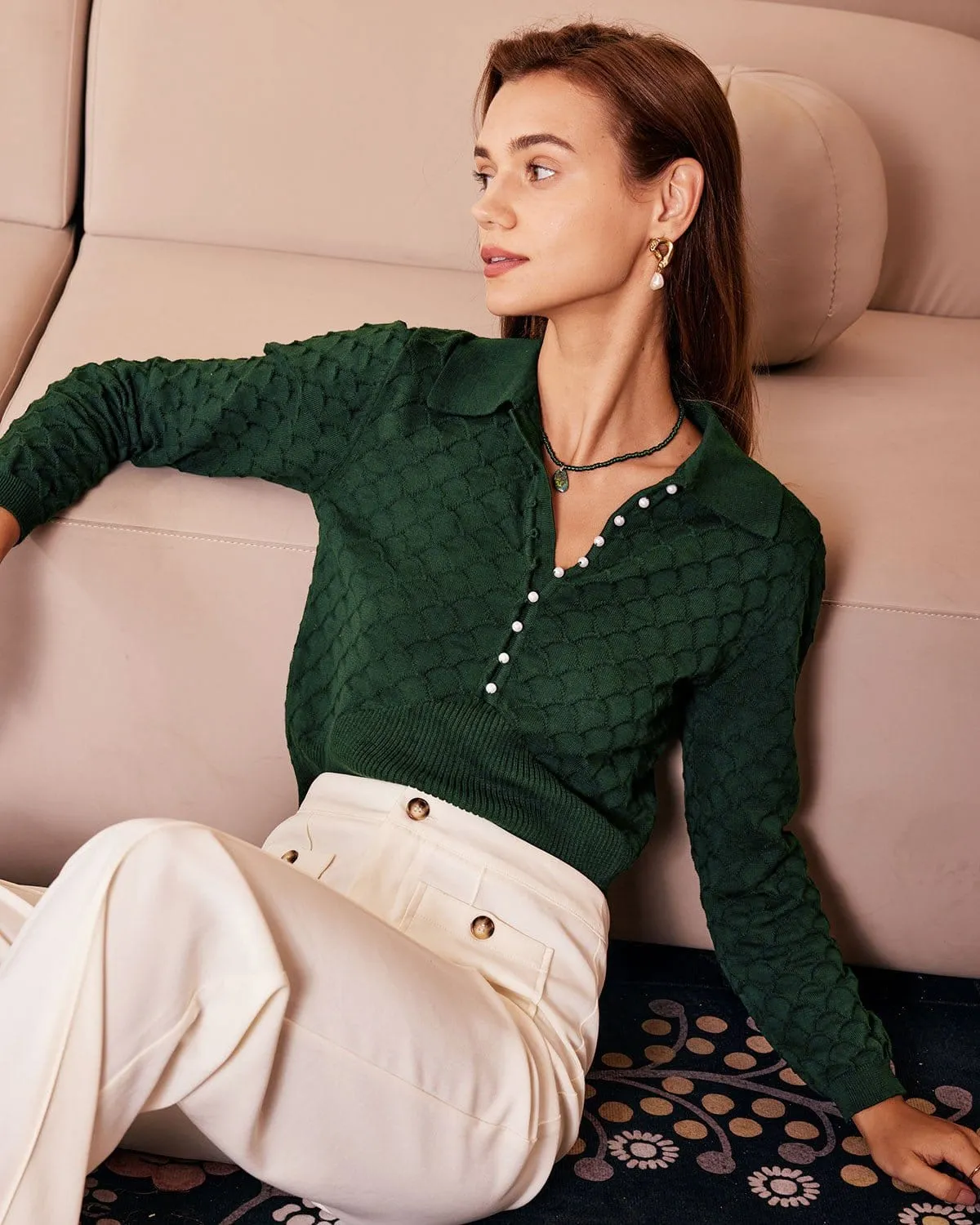 The Dark Green Lapel Ribbed Textured Knit Top sold by rihoas product image thumbnail 3