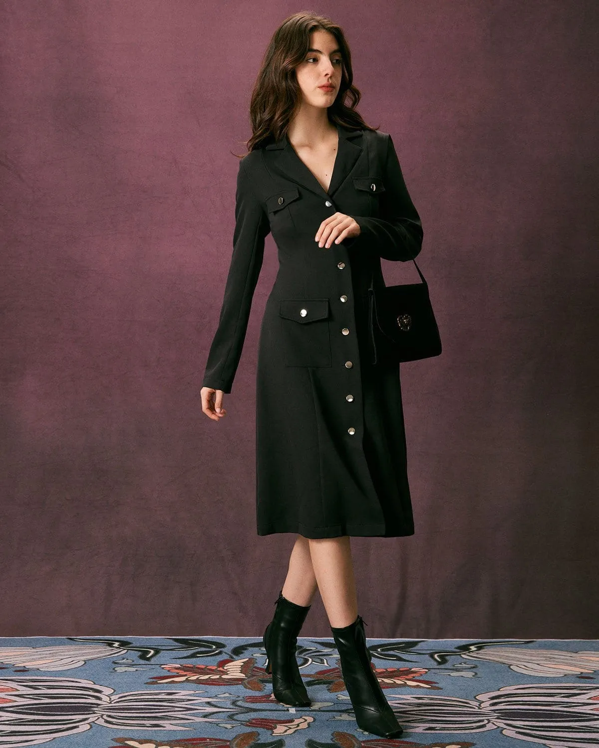 The Black Lapel Button Up A Line Midi Dress sold by rihoas product image thumbnail 4