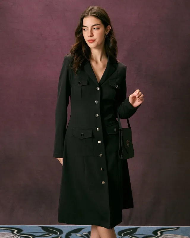 The Black Lapel Button Up A Line Midi Dress sold by rihoas