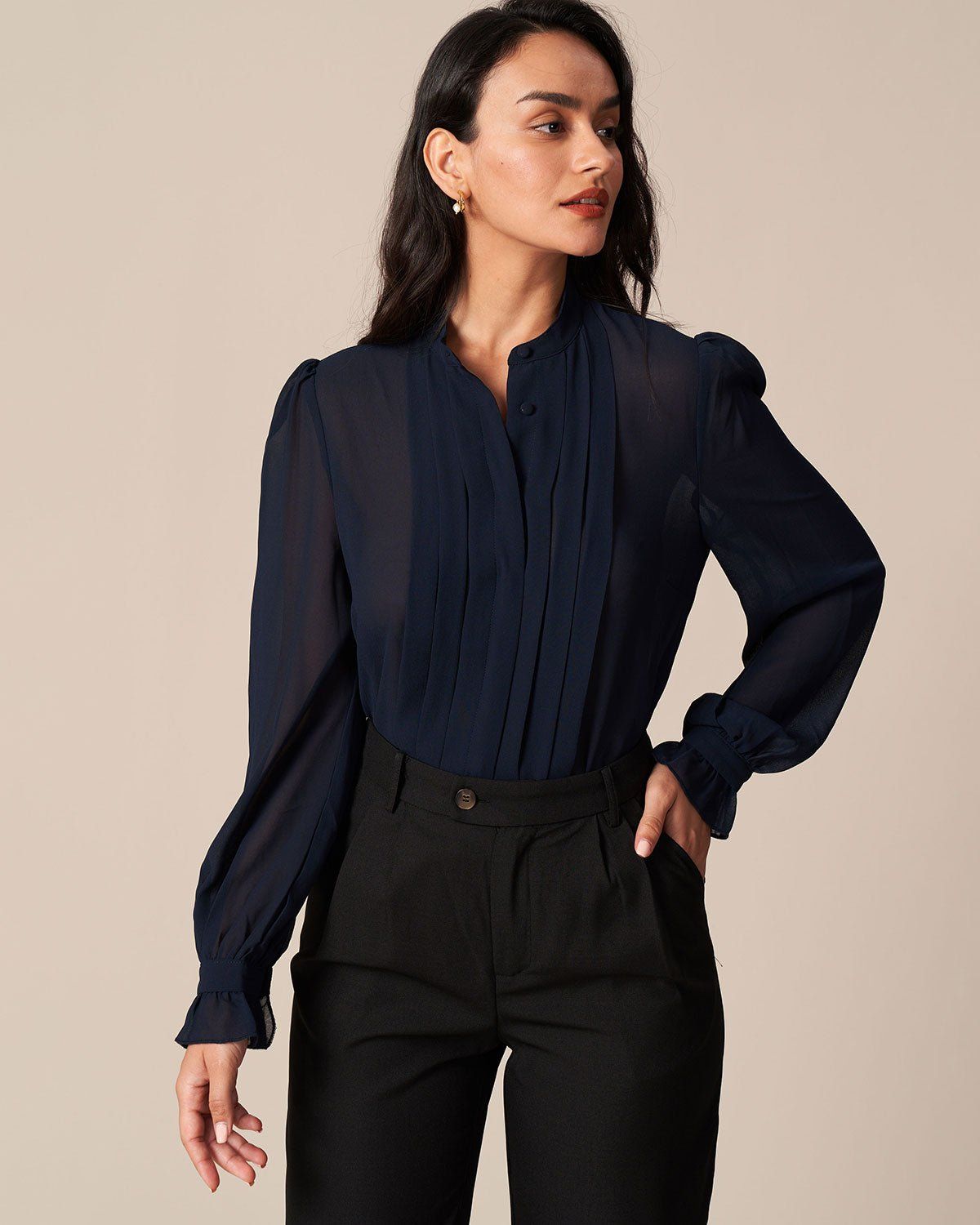 The Navy Stand Flounce Poet Sleeve Blouse sold by rihoas product image thumbnail 4