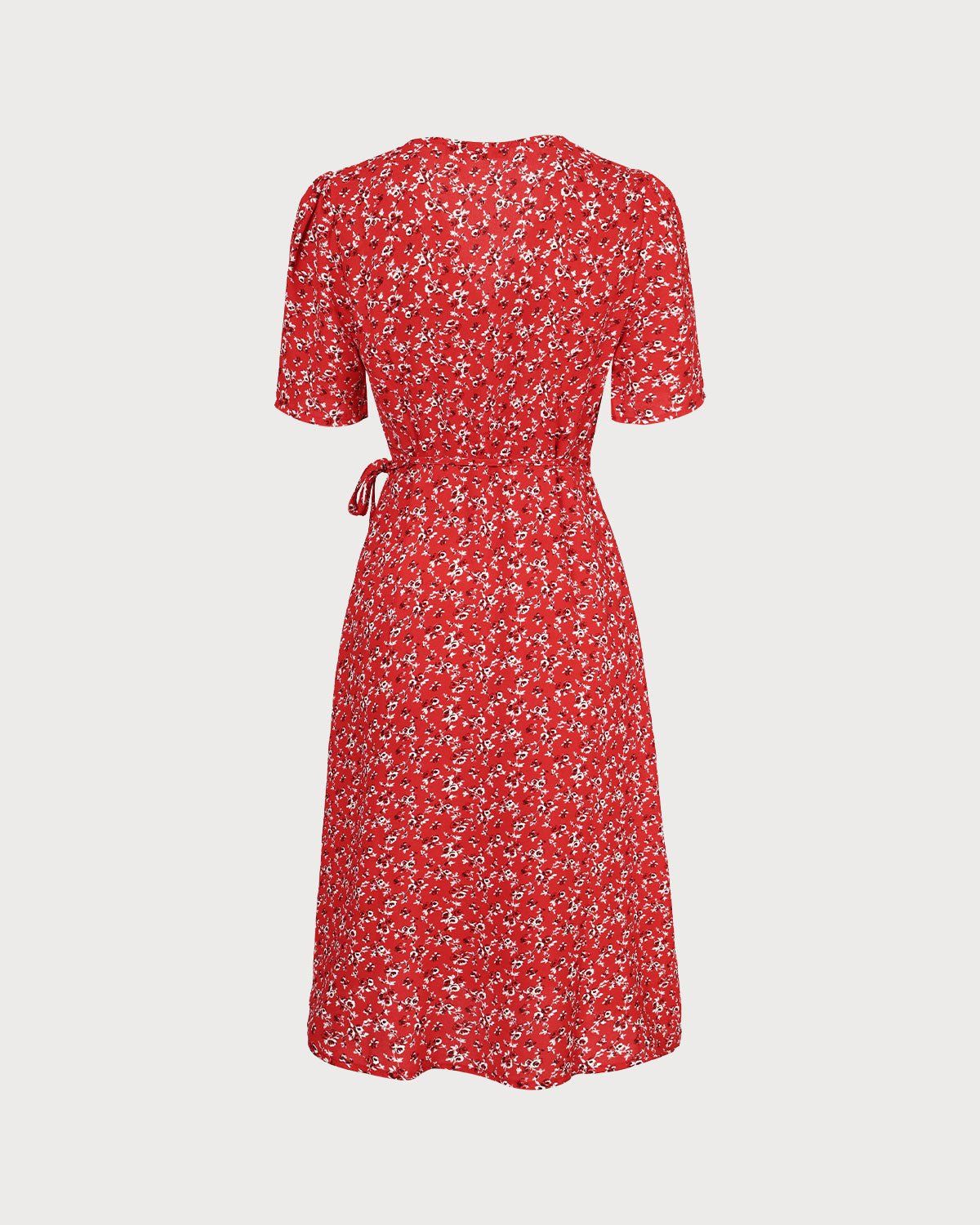 The Red V Neck Floral Puff Sleeve Midi Dress sold by rihoas product image thumbnail 3