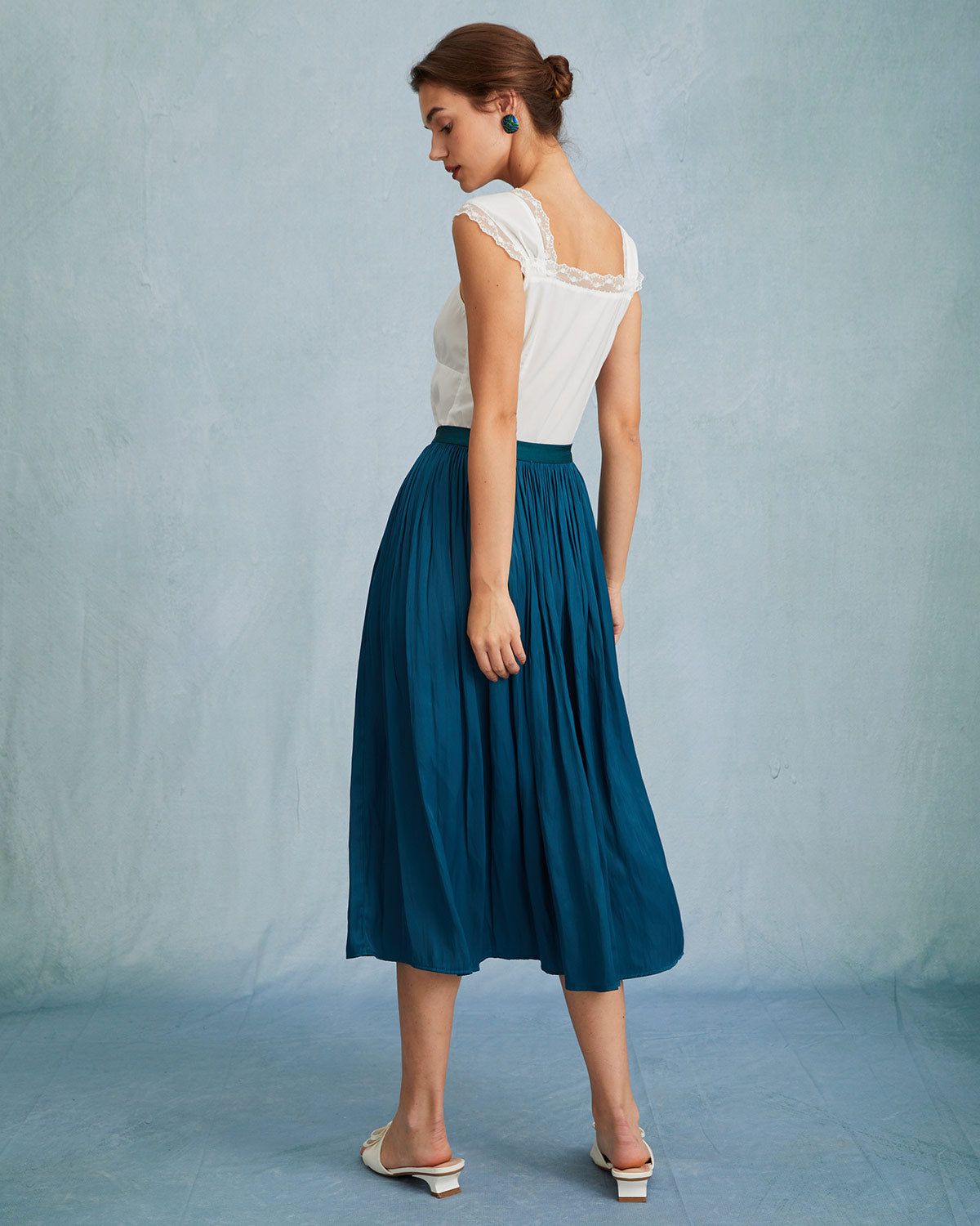 The Blue High Waisted Pleated Midi Skirt sold by rihoas product image thumbnail 5