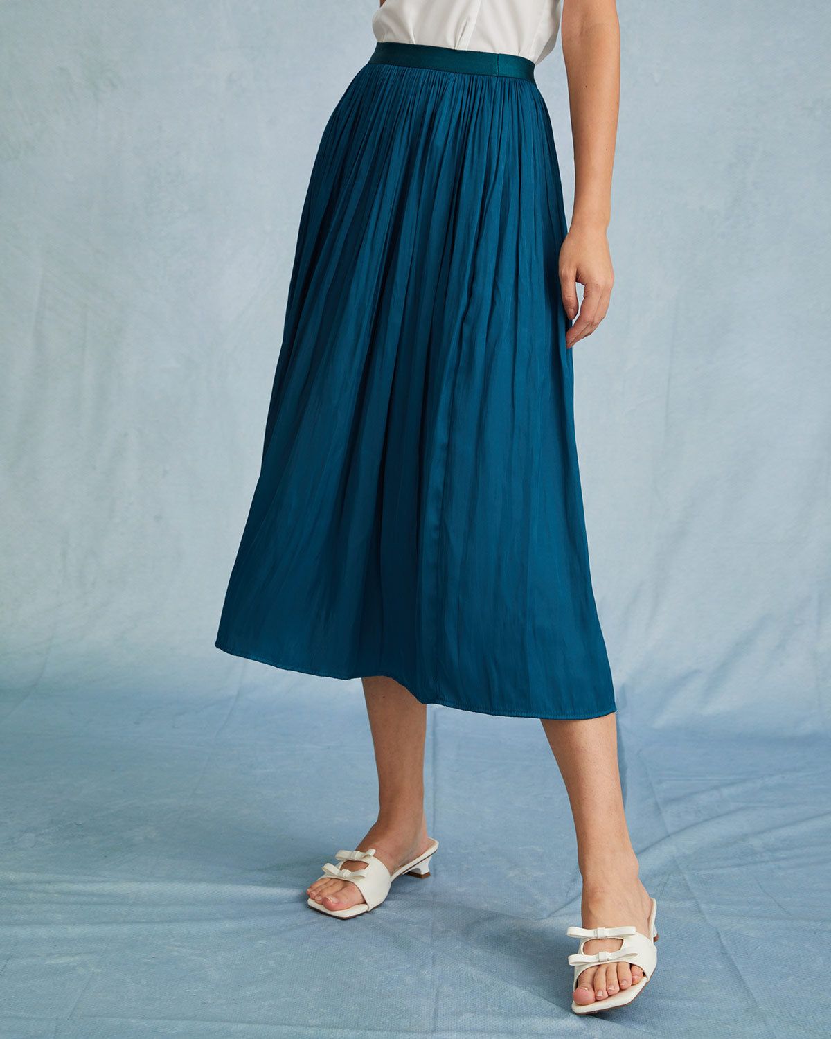 The Blue High Waisted Pleated Midi Skirt sold by rihoas
