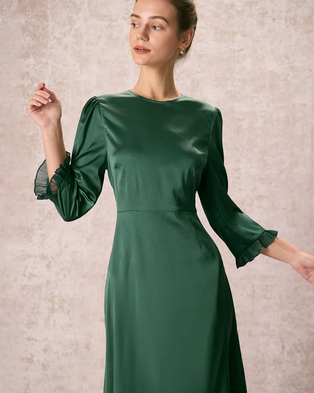The Green Spliced Ruffle Poet Sleeve Midi Dress sold by rihoas product image thumbnail 4
