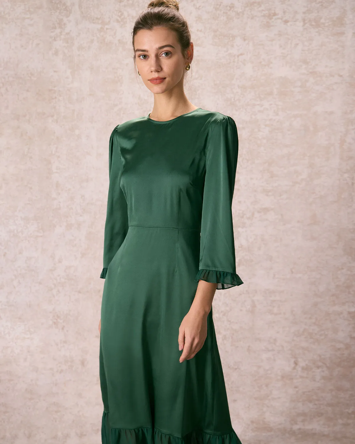 The Green Spliced Ruffle Poet Sleeve Midi Dress sold by rihoas product image thumbnail 3